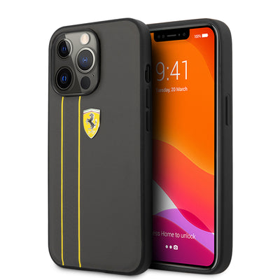 iPhone 13 Pro - Leather Case Grey With Debossed Stripes And Yellow Lines - Ferrari