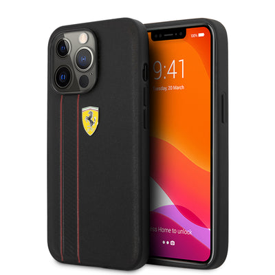 iPhone 13 Pro - Leather Case Black With Debossed Stripes And Red Lines - Ferrari
