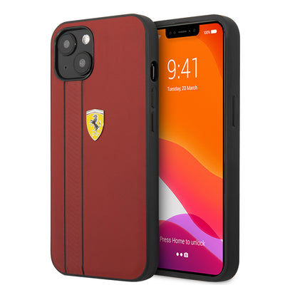 iPhone 13- Leather Case Red With Debossed Stripes And Black Lines - Ferrari
