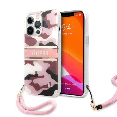 iPhone 13 Pro - Hard Case Pink Camo Design And Stripe With Nylon Strap - GUESS