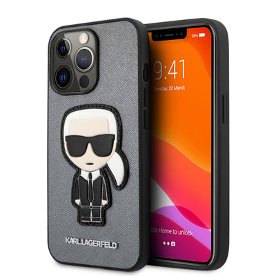 iPhone 13 Pro - Leather Case Silver PU Saffiano With Ikonik Patch And Metal Logo - Karl Lagerfeld