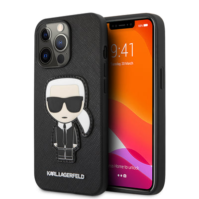 iPhone 13 Pro - Leather Case Black PU Saffiano With Ikonik Patch And Metal Logo - Karl Lagerfeld