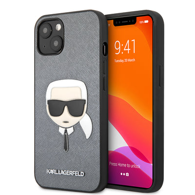 iPhone 13 - Leather Case Silver PU Saffiano With Embossed Karl'S Head - Karl Lagerfeld