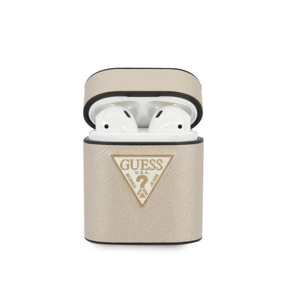 Airpods 1/2 - PU Leather Beige Triangle Collection Saffiano Round Shape With Metal Logo - Guess