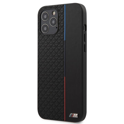 iPhone 12 Pro Max - PU Leather Black M Collection With Small Triangle Pattern And Constrasted Tricolor Stripe - BMW