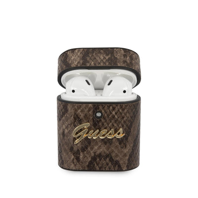 AirPods 1/2 - PU Leather Brown Python Round Shape With Metal Logo - Guess