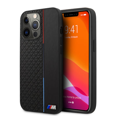 iPhone 13 Pro Max - Leather Case Black M Collection PU With Small Triangle Pattern And Constrasted Tricolor Stripe Metal Logo - BMW