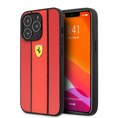 iPhone 13 Pro Max - Leather Red PU Carbon Design With Central Stripe - Ferrari