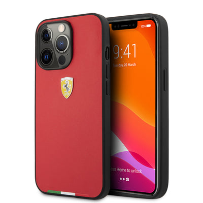 iPhone 13 Pro Max - Leather Case Red PU Smooth & Italian Flag Line Metal Logo - Ferrari