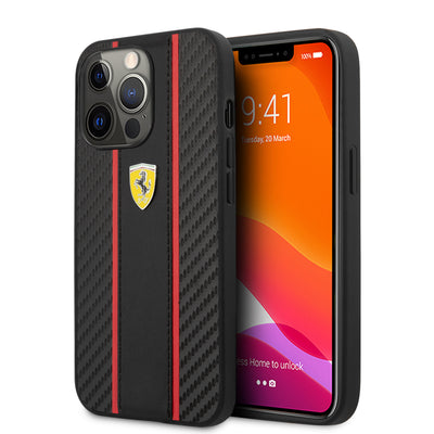 iPhone 13 Pro Max - Leather Black PU Carbon Design With Central Stripe - Ferrari-