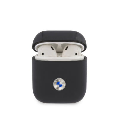 Airpods 1/2 Case Leather Navy Metal Logo Silver - BMW