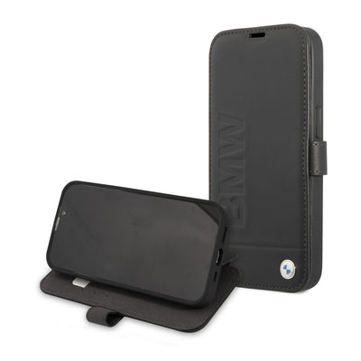 iPhone 13 Pro - Leather Case Black Booktype Hot Stamp And Metal Logo - BMW