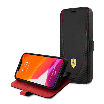 iPhone 13 Pro Max - Leather Case Black Booktype With Curved Line Stitched Red And Perforated Design - Ferrari