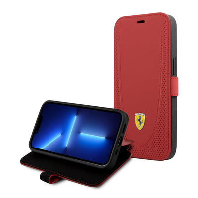 iPhone 13 Pro Max - Leather Case Black Booktype With Curved Line Stitched And Perforated Design - Ferrari