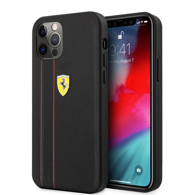 iPhone 12 Pro Max - Leather Case Black With Debossed Stripes And Red Lines - Ferrari