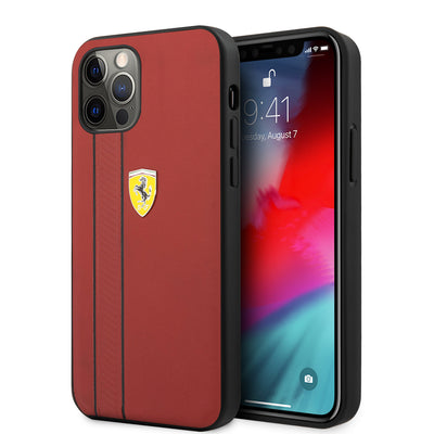 iPhone 12 Pro Max - Leather Case Red With Debossed Stripes And Black Lines - Ferrari