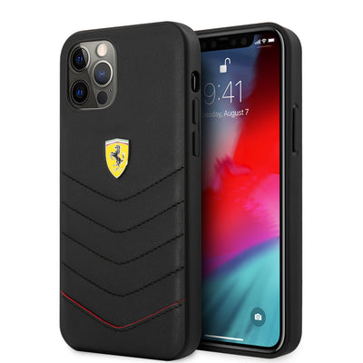 iPhone 12 Pro Max - Leather Case Black Quilted & Red Edge - Ferrari