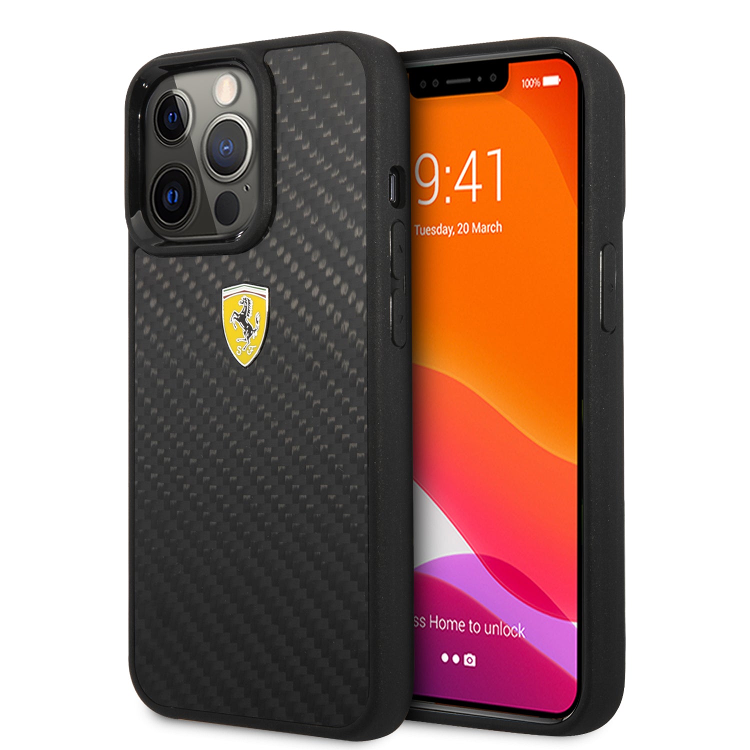 Ferrari Phone Case for iPhone 13 Pro Black Carbon Fiber With Metal