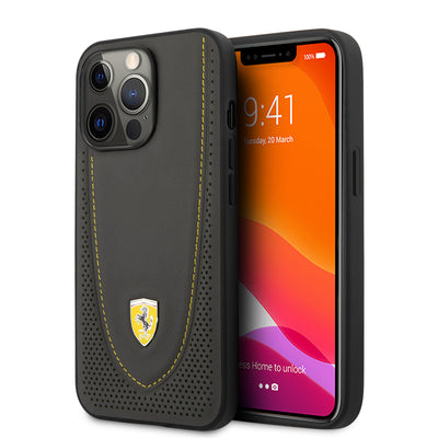 iPhone 13 Pro - Leather Case Grey With Curved Line Stitched Yellow And Perforated Design - Ferrari