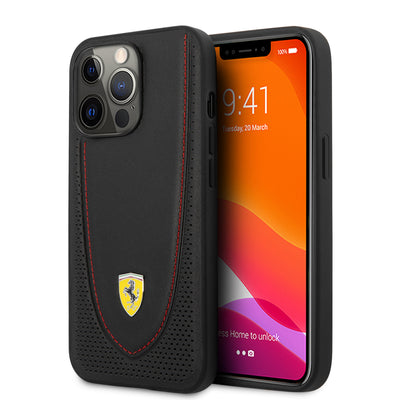 iPhone 13 Pro - Leather Case Black With Curved Line Stitched Red And Perforated Leather - Ferrari