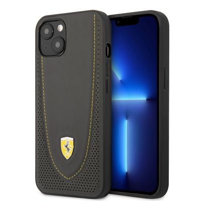 iPhone 13 - Leather Case Grey With Curved Line Stitched Yellow And Perforated Design - Ferrari