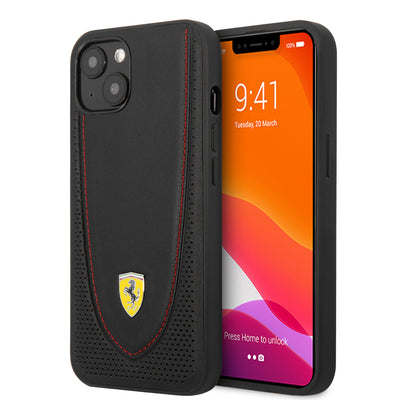iPhone 13 - Leather Case Black With Curved Line Stitched Red And Perforated Leather - Ferrari