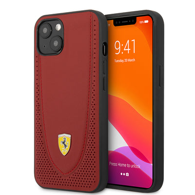 iPhone 13 - Leather Case Red With Curved Line Stitched And Perforated Design - Ferrari