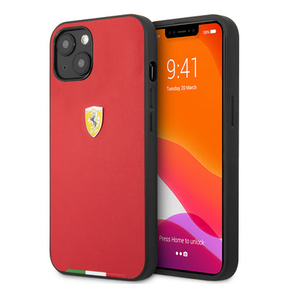 iPhone 13- Leather Case Red PU Smooth & Italian Flag Line Metal Logo - Ferrari