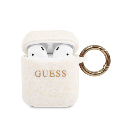 Airpods 1/2 - Silicone White With Ring Printed Logo & Glitter - Guess