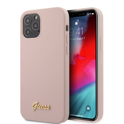 iPhone 12 Pro Max - Silicone Pink Metal Logo Script - Guess