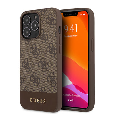 iPhone 13 Pro - Hard Case Brown 4G Collection PU With Bottom Stripe Metal Logo - GUESS