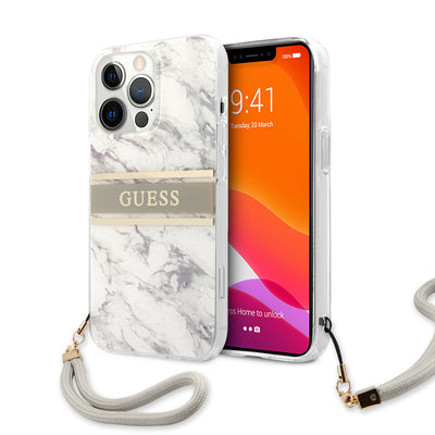 iPhone 13 Pro - Hard Case Grey Marble Design And Stripe With Nylon Strap - GUESS