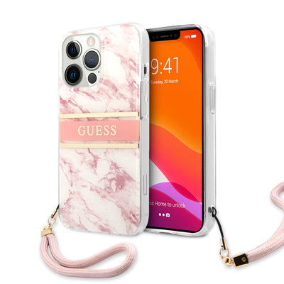 iPhone 13 Pro - Hard Case Pink Marble Design And Stripe With Nylon Strap - GUESS