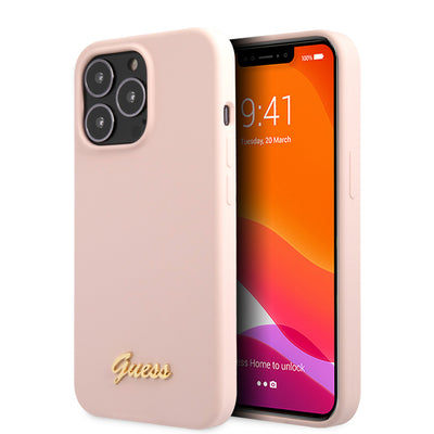 iPhone 13 Pro - Silicone Case Pink With Gold Metal Logo Script - GUESS