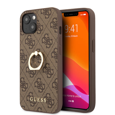 iPhone 13- Leather Case Brown 4G Collection With Ring Stand - GUESS