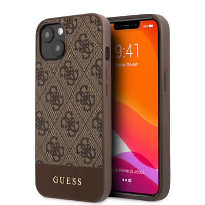 iPhone 13 - Hard Case Brown 4G Collection PU With Bottom Stripe Metal Logo - GUESS