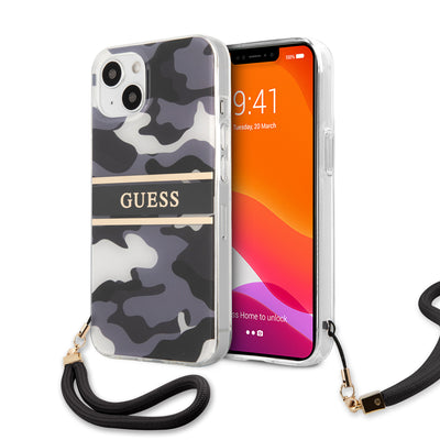 iPhone 13 - Hard Case Black Camo Design And Stripe With Nylon Strap - GUESS