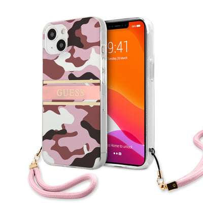 iPhone 13 - Hard Case Pink Camo Design And Stripe With Nylon Strap - GUESS