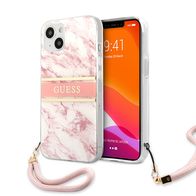 iPhone 13 - Hard Case Pink Marble Design And Stripe With Nylon Strap - GUESS