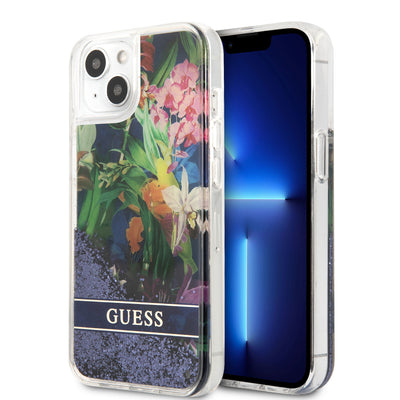 iPhone 13 - Hard Case Blue Liquid Glitter Flower Design - Guess