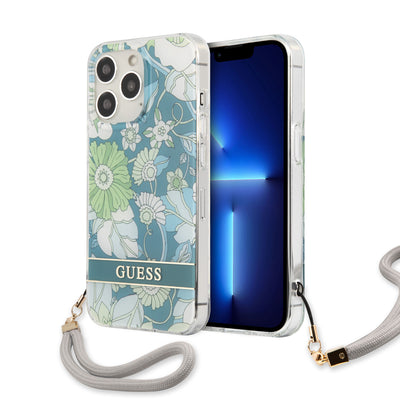 iPhone 13 Pro Max - PC/TPU Grey Flower Design with Cord - Guess