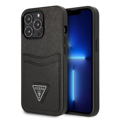 iPhone 13 Pro Max - Saffiano Black Triangle Logo with Double Cardslots - Guess