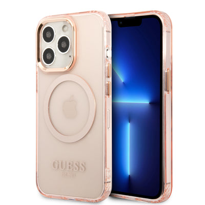 iPhone 13 Pro - PC/TPU Pink Magsafe with Gold Outline Translucent Design - Guess