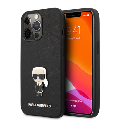 iPhone 13 Pro - Hard Case Black PU Saffiano With Metal Pin Ikonik - Karl Lagerfeld