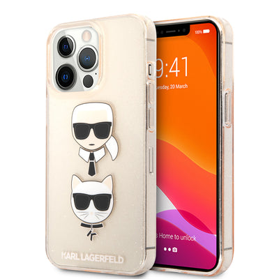 iPhone 13 Pro - Hard Case Gold TPU Full Glitter Karl & Choupette Heads - Karl Lagerfeld