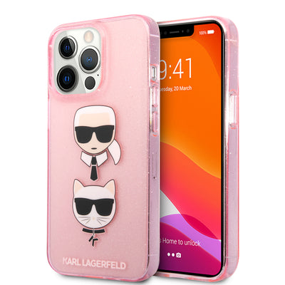 iPhone 13 Pro - Hard Case Pink TPU Full Glitter Karl & Choupette Heads - Karl Lagerfeld