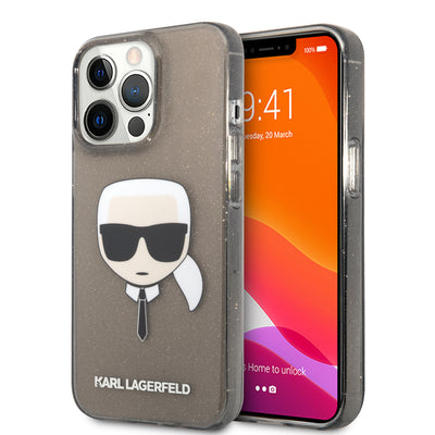 iPhone 13 Pro - Hard Case Black TPU Full Glitter with Karl's Head - Karl Lagerfeld