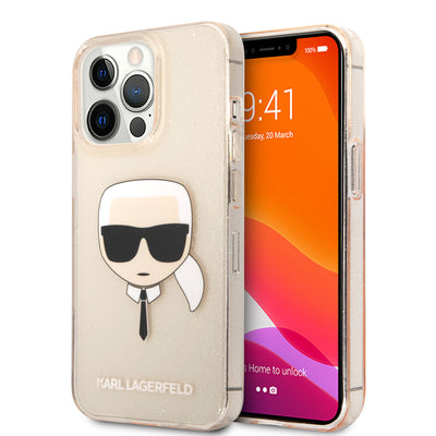 iPhone 13 Pro - Hard Case Gold TPU Full Glitter with Karl's Head - Karl Lagerfeld