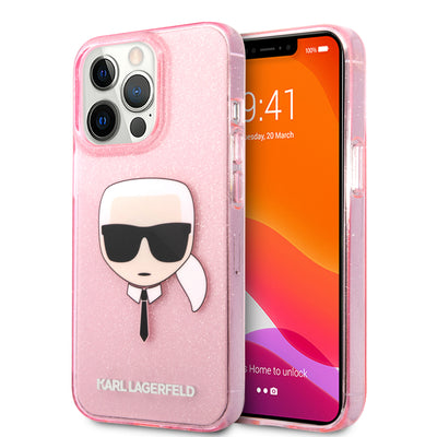 iPhone 13 Pro - Hard Case Pink TPU Full Glitter with Karl's Head - Karl Lagerfeld