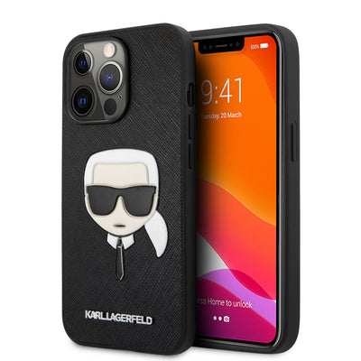 iPhone 13 Pro - Leather Case Black PU Saffiano With Embossed Karl'S Head - Karl Lagerfeld